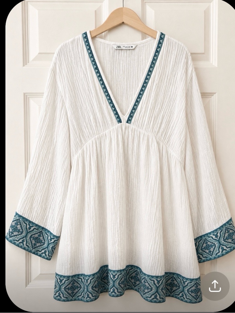 Zara White Peasant Tunic with Teal Trim